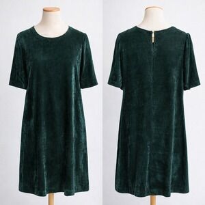 J Jill Green Velvet Shift Dress Womens Large Short Sleeve Rayon Holiday Party